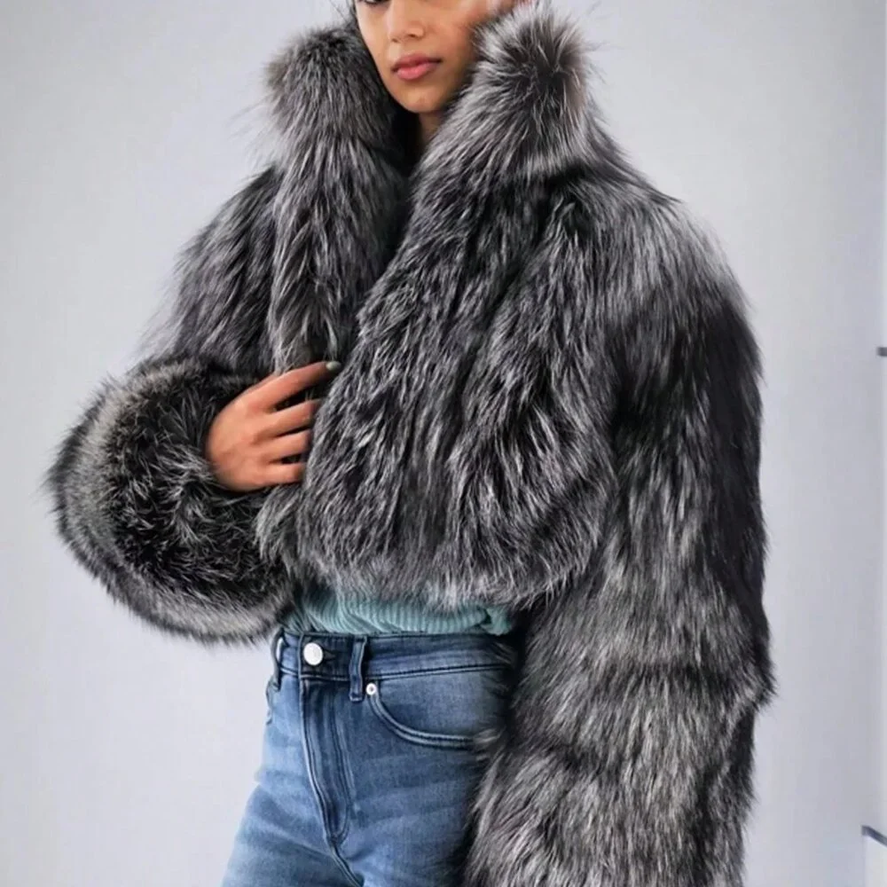 Black & White Casual Womens Faux Silver Fox Gradient Long Sleeve Faux Fur Jacket - Picture 1 of 3